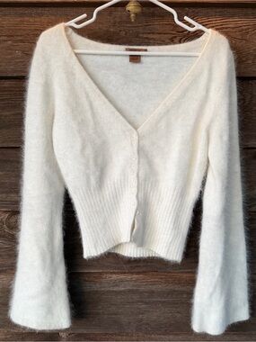 VTG Arden B. Angora fur blend, deep V-Neck Fuzzy Button-Front Cardigan Sweater